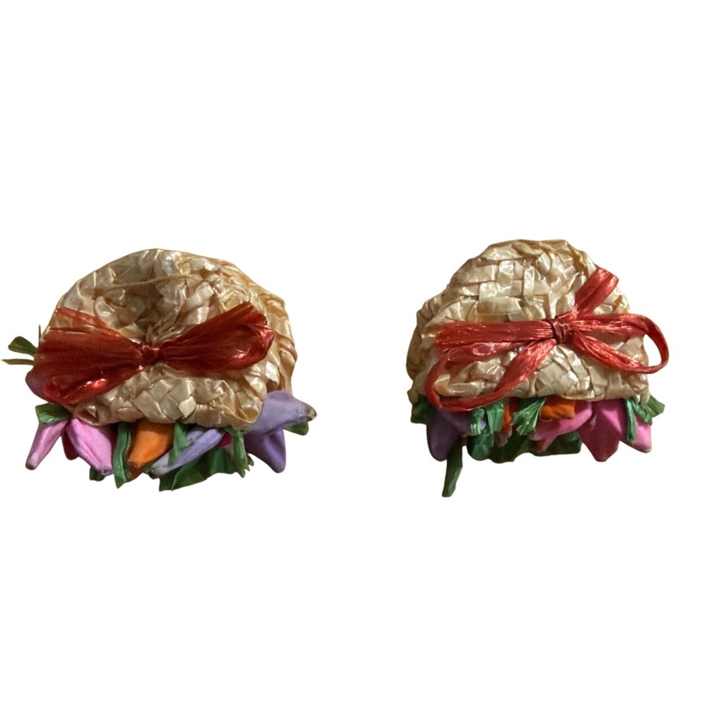 Vintage West Germany Woven Straw Sun Hat Clip On Floral Earrings Kitsch Cottage